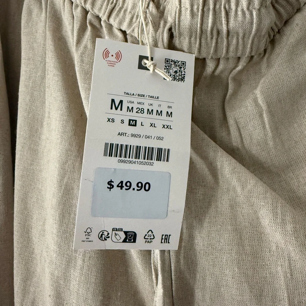 NWT Zara Linen Blend Matching Set Beige Button Up Shirt XS Pants M